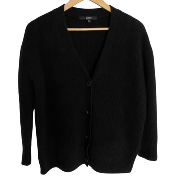 Quince Black Mongolian Cashmere Fisherman Boxy Cropped Cardigan Sweater XSmall - Picture 1 of 4